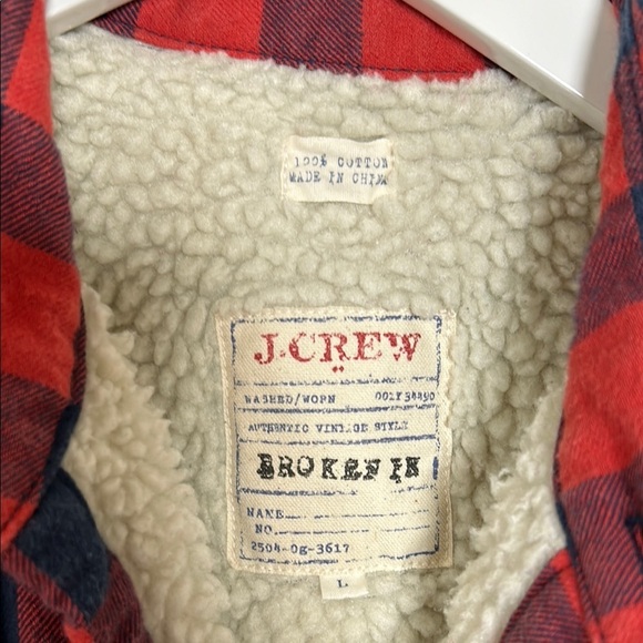 J Crew Mens Shacket Sherpa Lined Red and Blue Plaid Jacket Outdoor Fleece Sz L - Picture 2 of 11